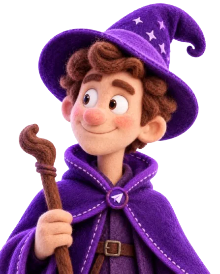 Felt wizard mascot in a purple cloak and star-dotted hat, holding a wooden staff